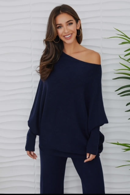 Asymmetrical Lounge Sweater Pants Set Navy