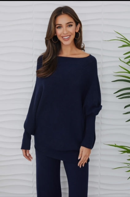 Asymmetrical Lounge Sweater Pants Set Navy