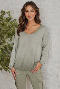 Long Sleeve Mineral Wash Sweater Green