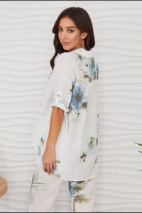 Blue Watercolor Floral Linen Roll Tab Button Down Shirt & Pants Set