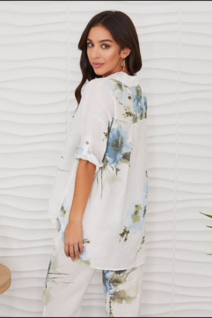 Blue Watercolor Floral Linen Roll Tab Button Down Shirt & Pants Set