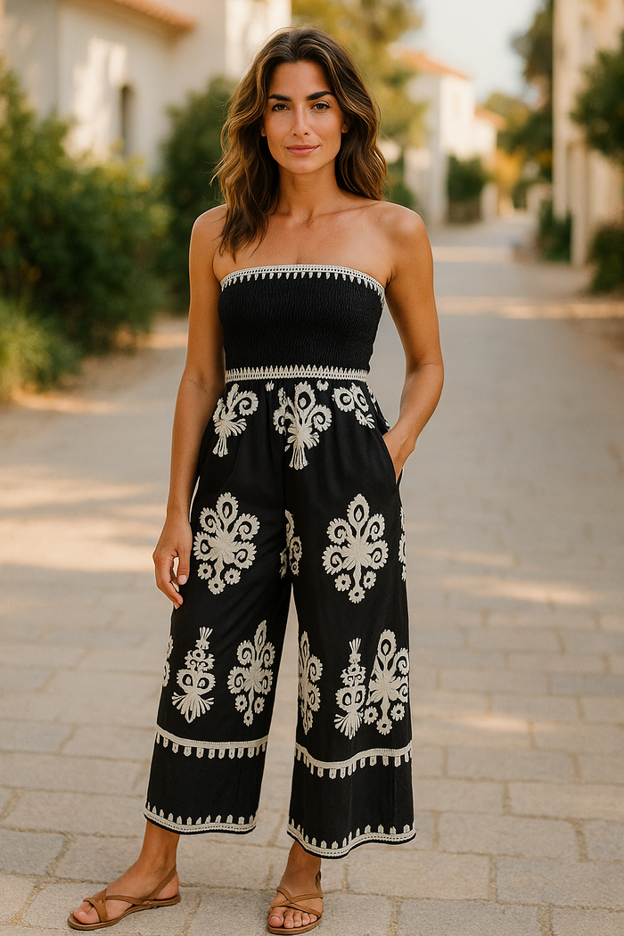 Retro Printed Black & White Strapless Jumpsuit