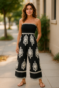 Retro Printed Black & White Strapless Jumpsuit