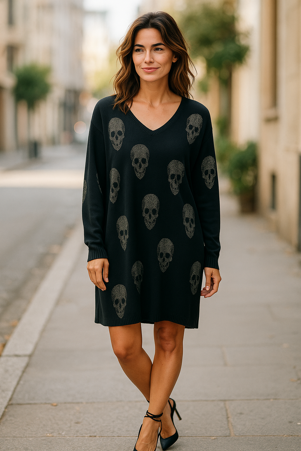 V-Neck Skull print Tunic Black