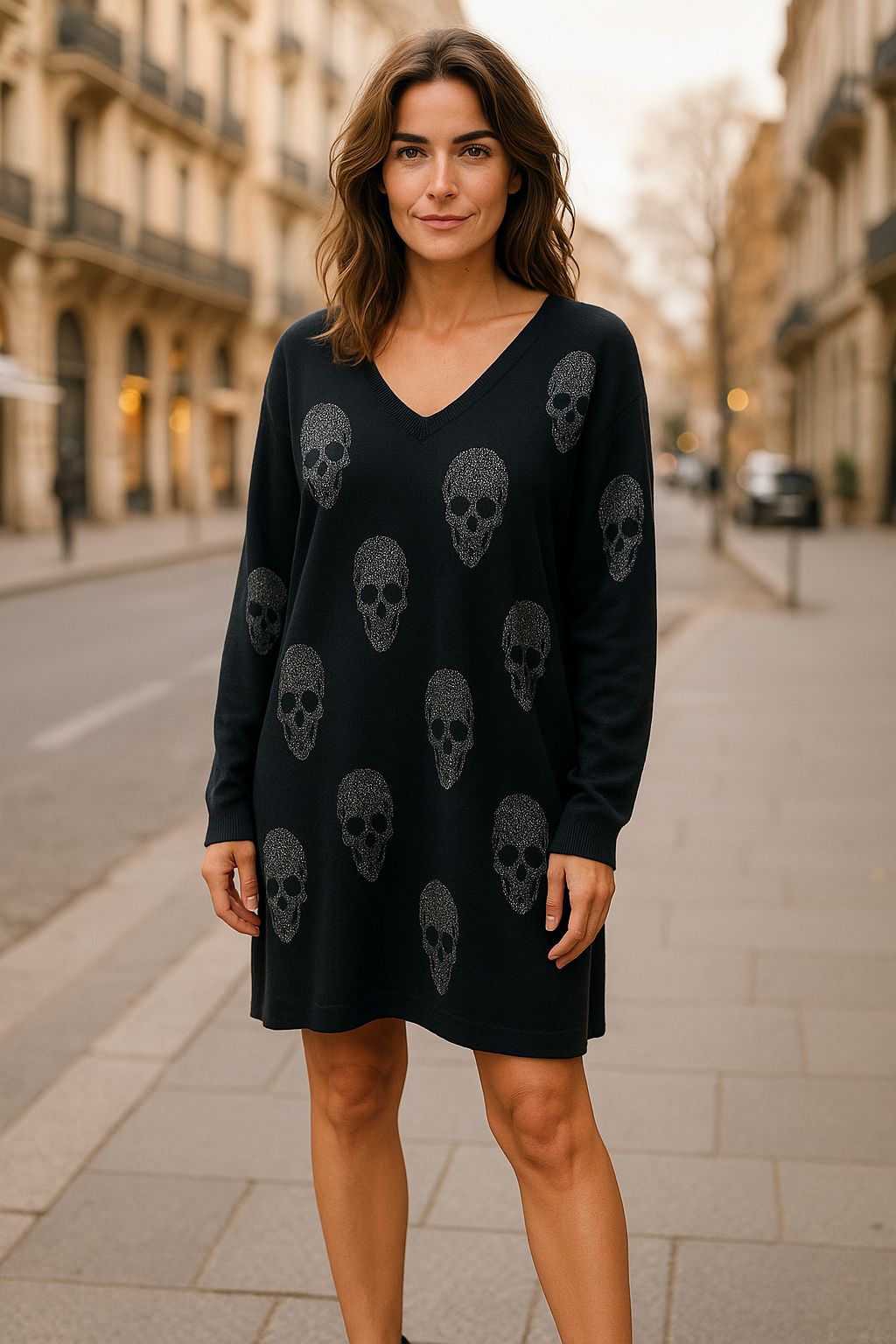 V-Neck Skull print Tunic Black