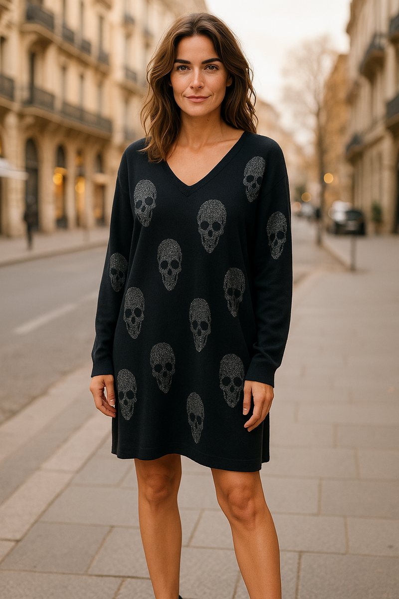 V-Neck Skull print Tunic Black