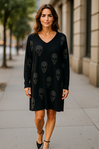V-Neck Skull print Tunic Black