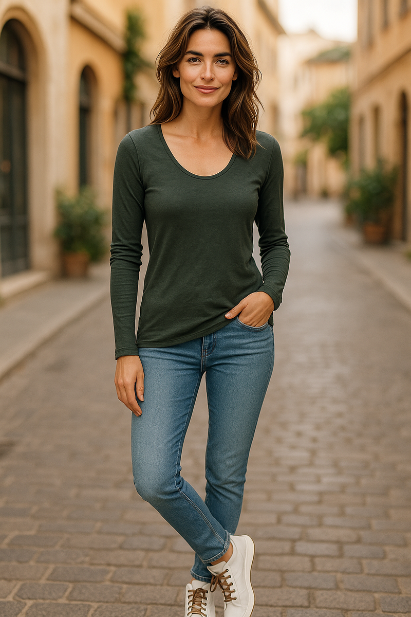 Lightweight Mineral Wash Long-Sleeve V-Neck Top Army Green
