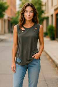 Distressed Tank Top Dark Army Green