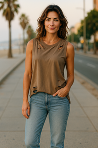 Distressed Tank Top Camel
