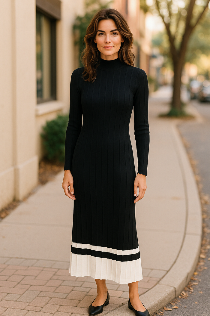 Bottom Color Block Detailed Mock Neck Sweater Maxi Dress