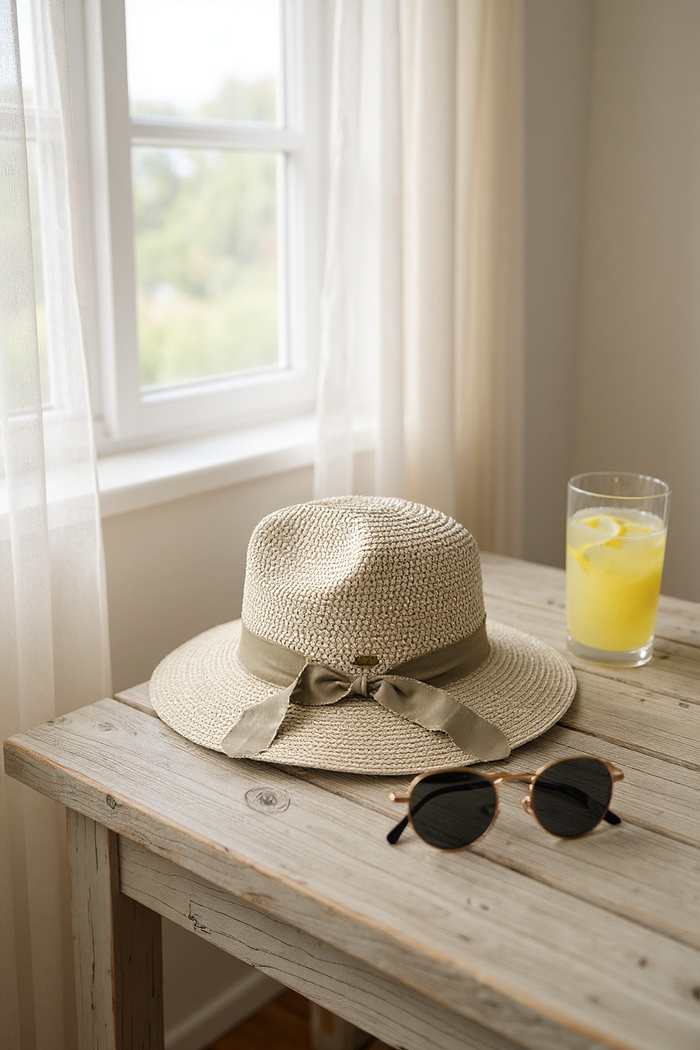 Woven Panama Sun Hat Gray, Side Bow