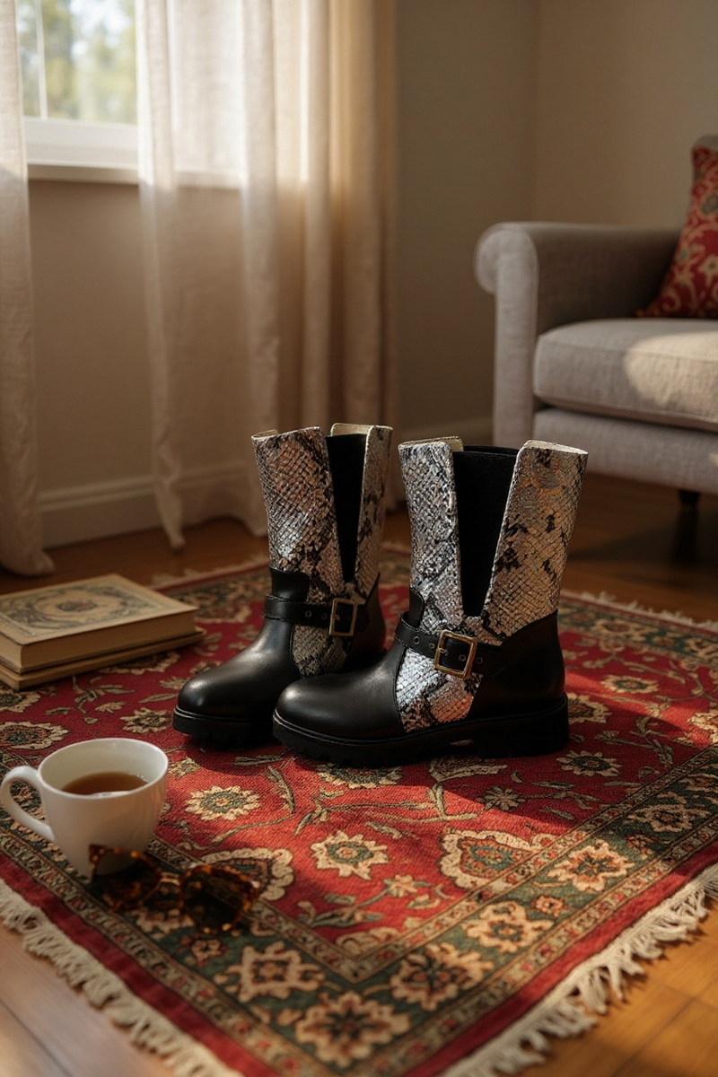 Italian Style Biker Boot Black Silver