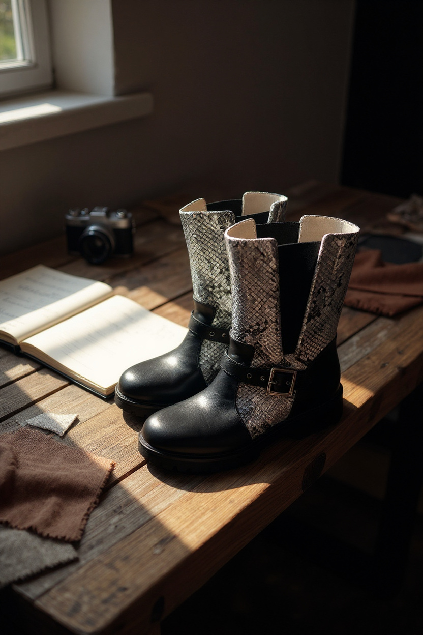 Italian Style Biker Boot Black Silver