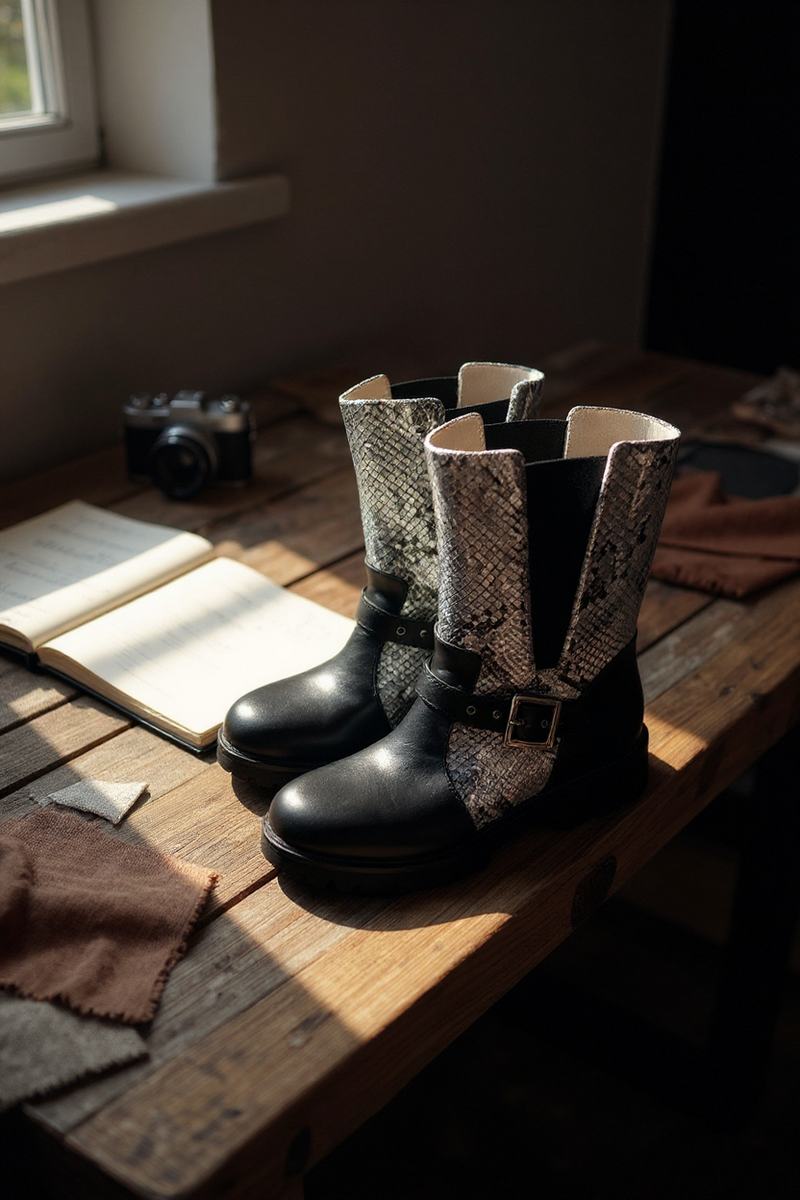 Italian Style Biker Boot Black Silver
