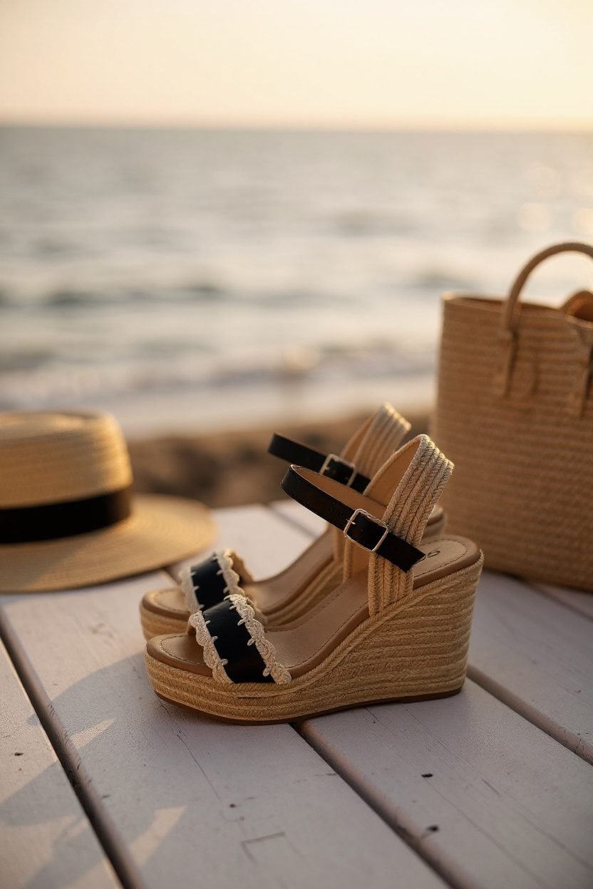 Black Wedge Heeled Sandals With Crochet Detail