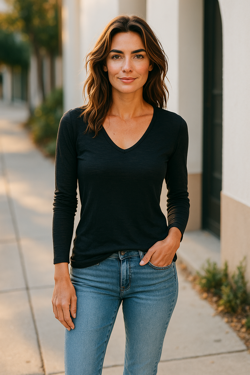 Lightweight Mineral Wash Long-Sleeve V-Neck Top Black