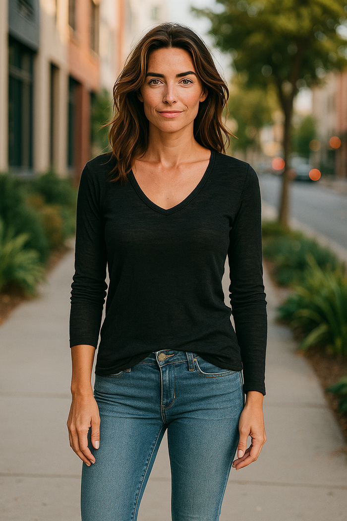 Lightweight Mineral Wash Long-Sleeve V-Neck Top Black