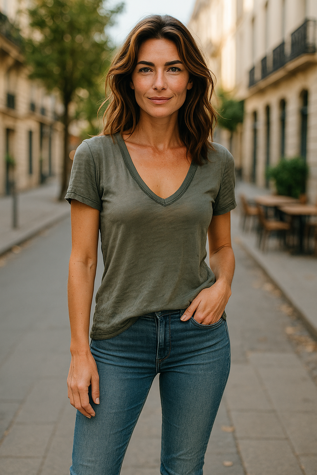 Raw Hem V-Neck Tee Army Green