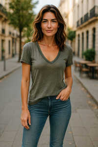 Raw Hem V-Neck Tee Army Green