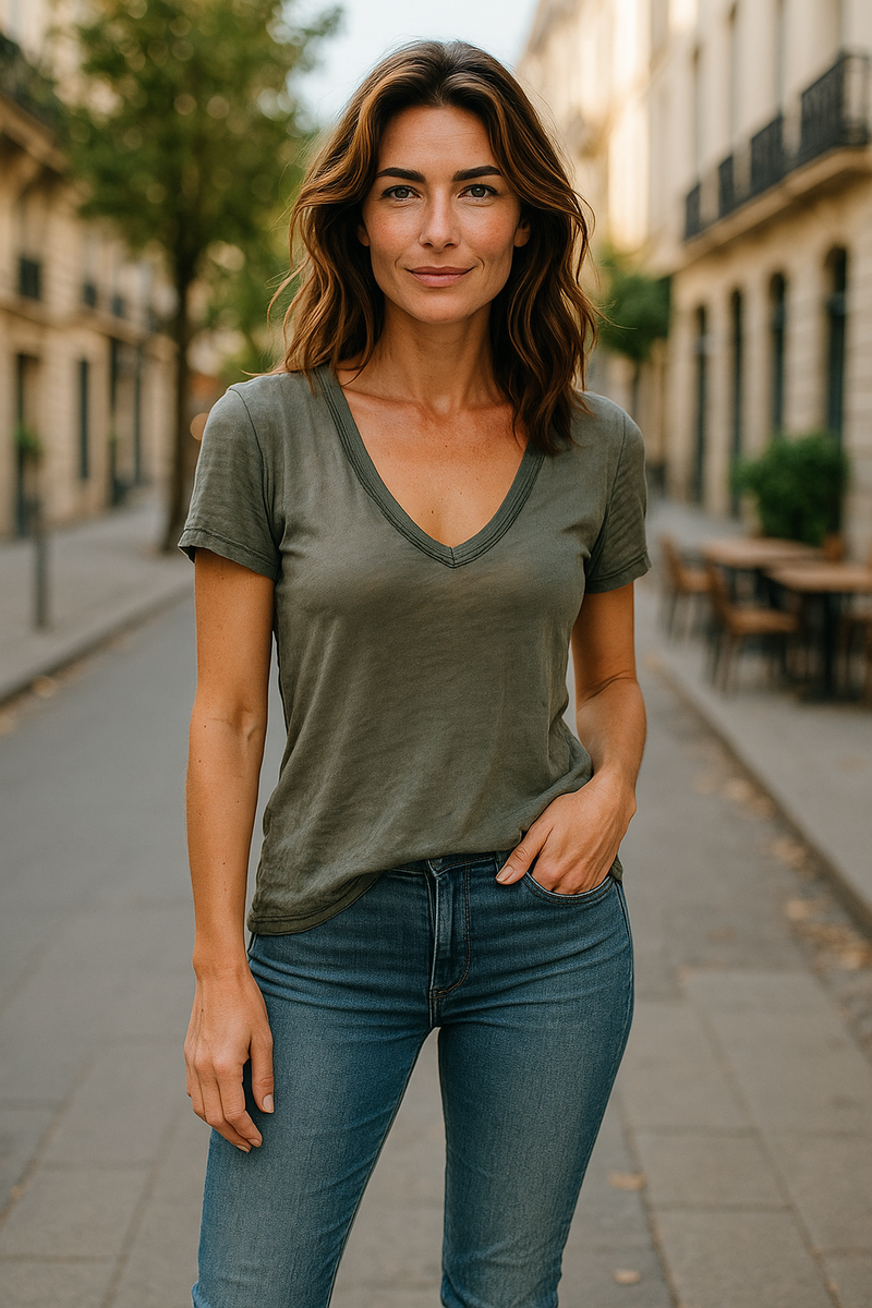 Raw Hem V-Neck Tee Army Green