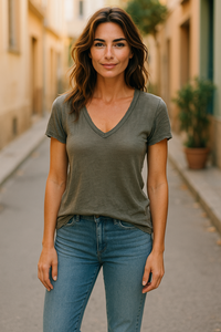 Raw Hem V-Neck Tee Army Green