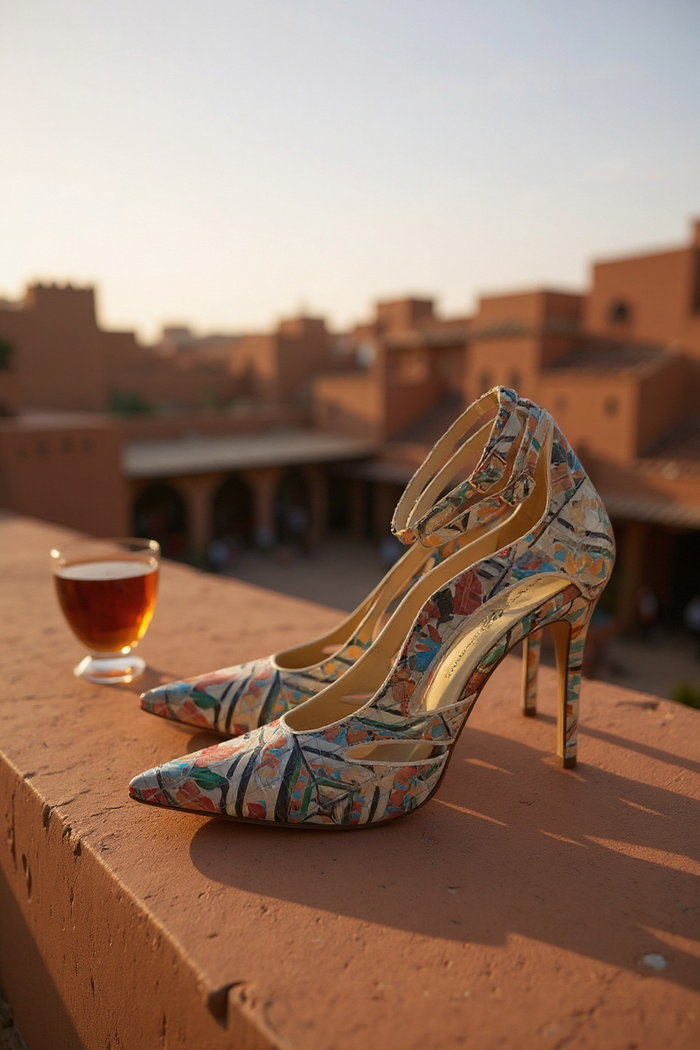 Cut-Out Ankle Strap Heel Maiolica Tile