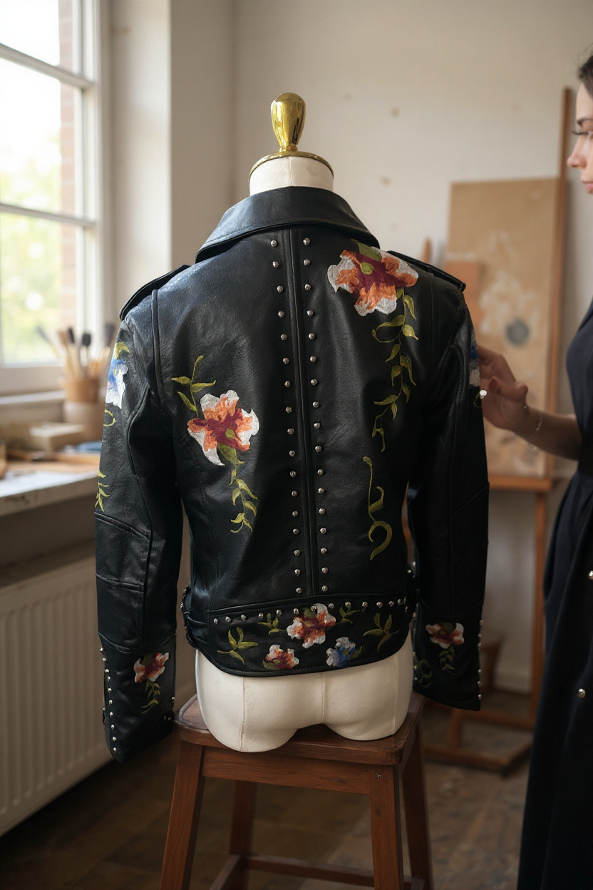 Rivi Embroidery Pu Leather Jacket Black