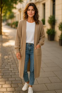 Knitted Cardigan Design Peace Sign On Back  Khaki