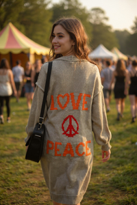 Knitted Cardigan Design Peace Sign On Back  Khaki