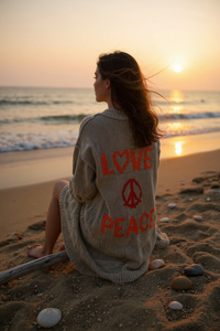 Knitted Cardigan Design Peace Sign On Back  Khaki