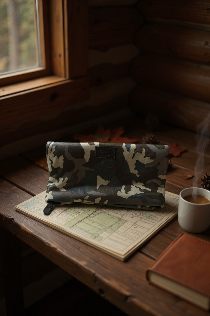 Real Leather Camo Lunch Bag Folded Clutch Dark Camouflage
