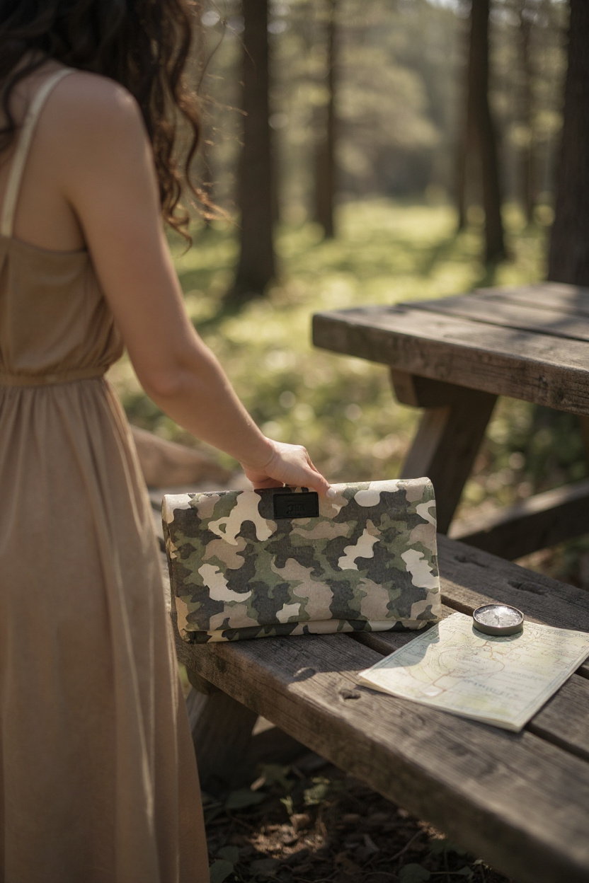Real Leather Camo Lunch Bag Folded Clutch Light Camo