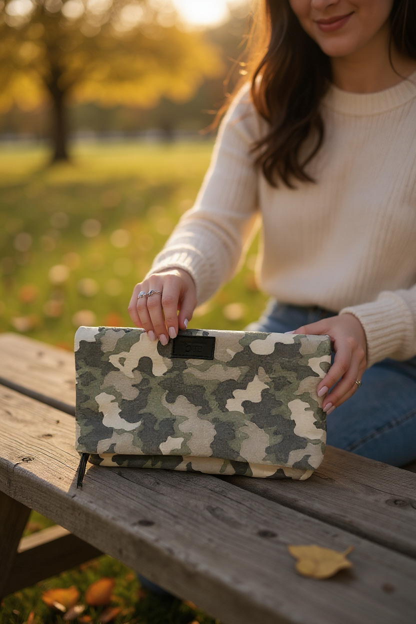 Real Leather Camo Lunch Bag Folded Clutch Light Camo