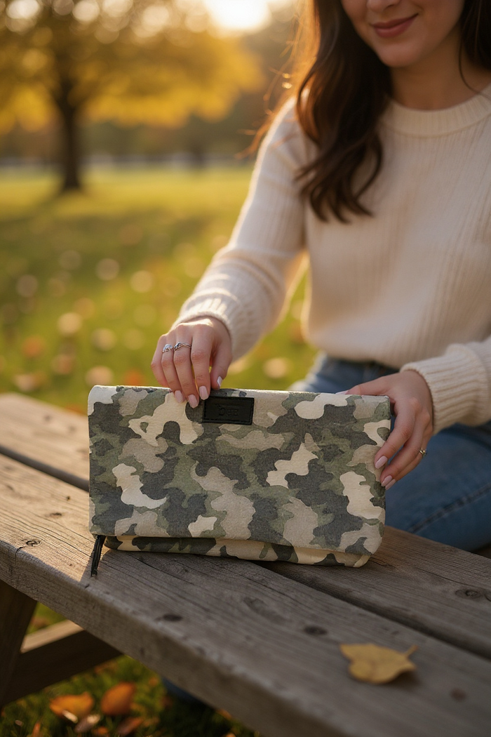 Real Leather Camo Lunch Bag Folded Clutch Light Camo