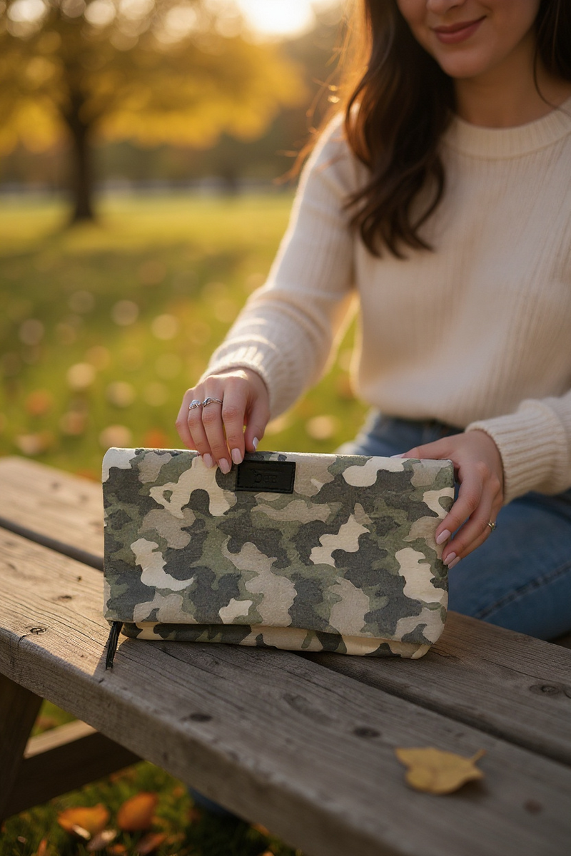 Real Leather Camo Lunch Bag Folded Clutch Light Camo
