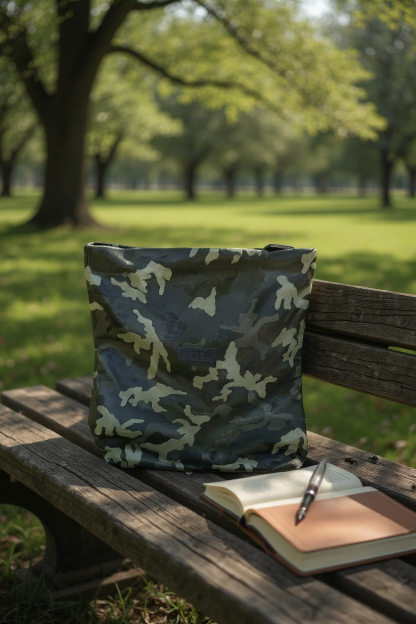 Real Leather Camo Lunch Bag Folded Clutch Dark Camouflage