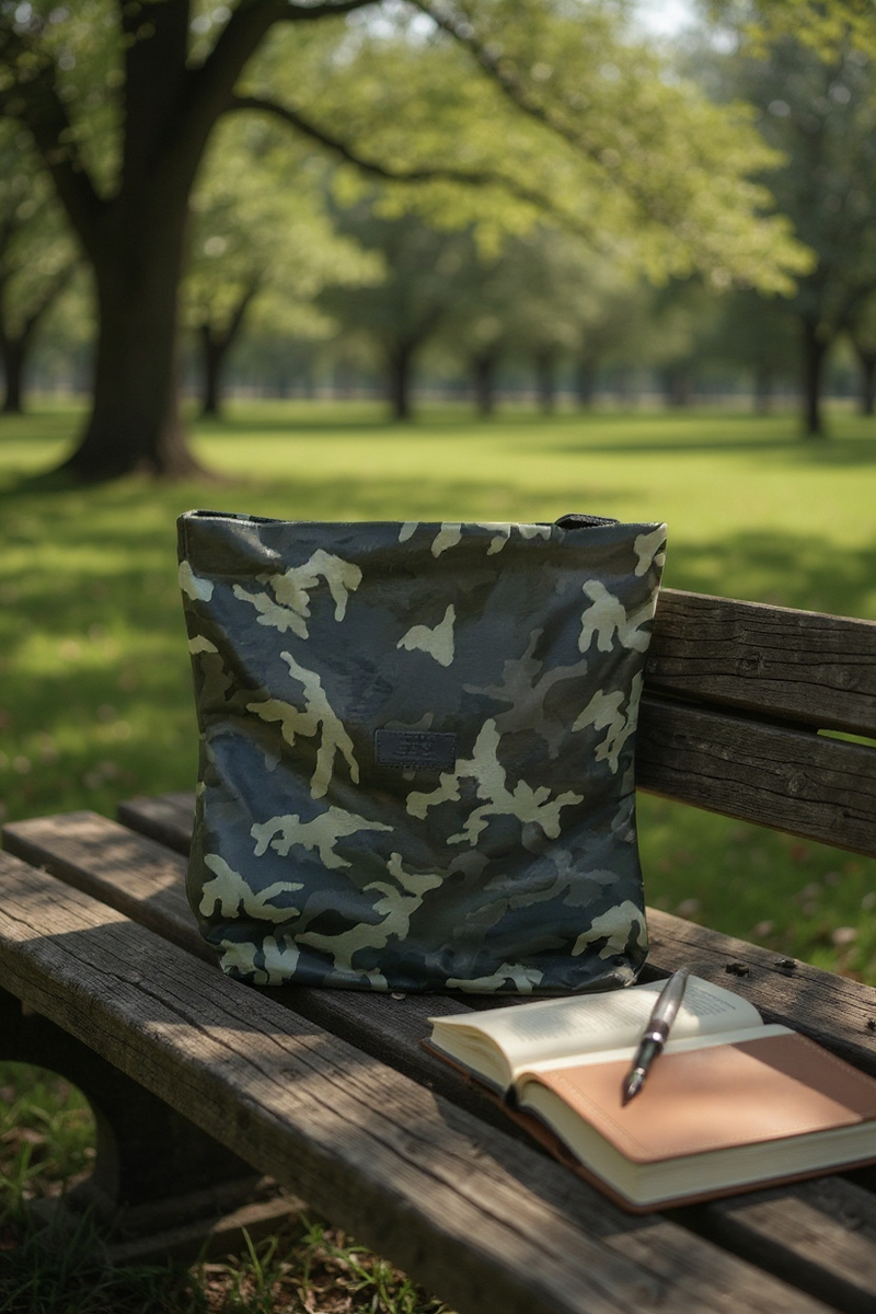 Real Leather Camo Lunch Bag Folded Clutch Dark Camouflage