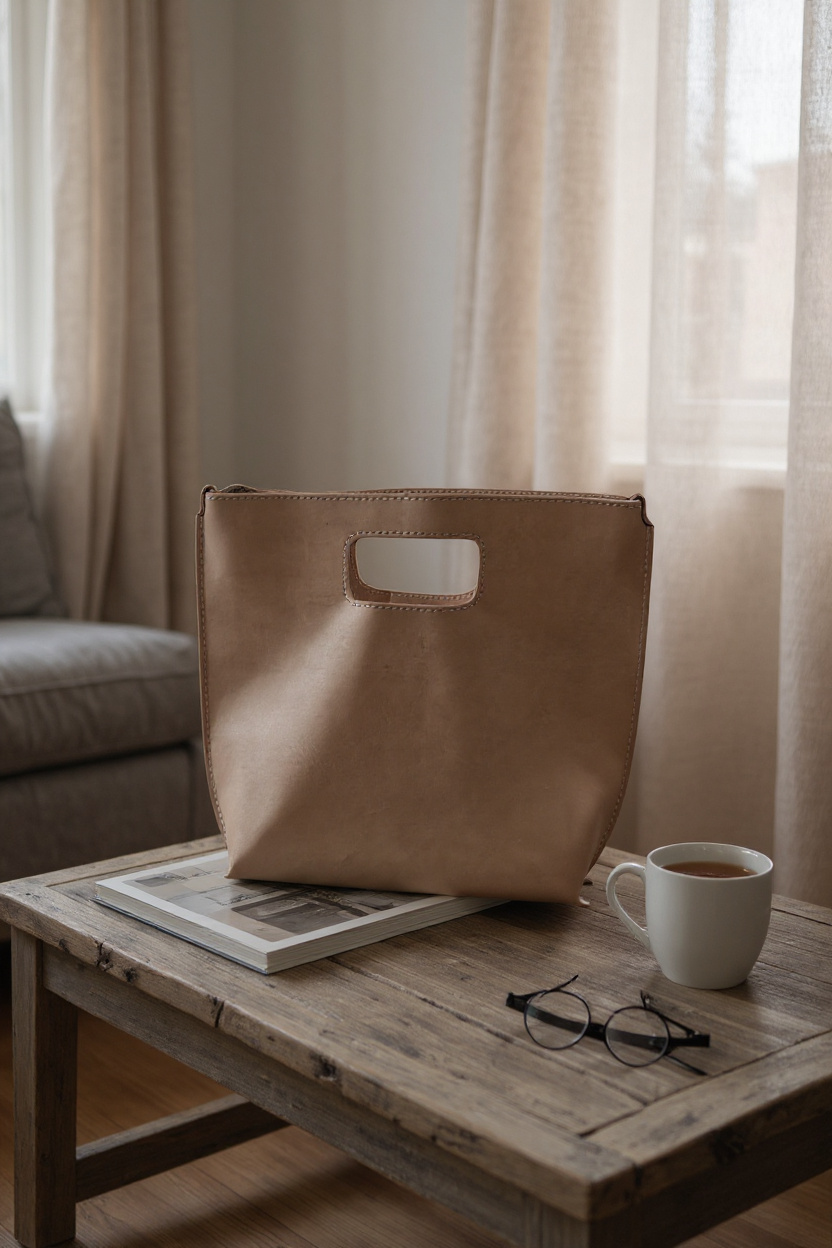 Genuine Leather Cut-Out Tote Bag Light Pink