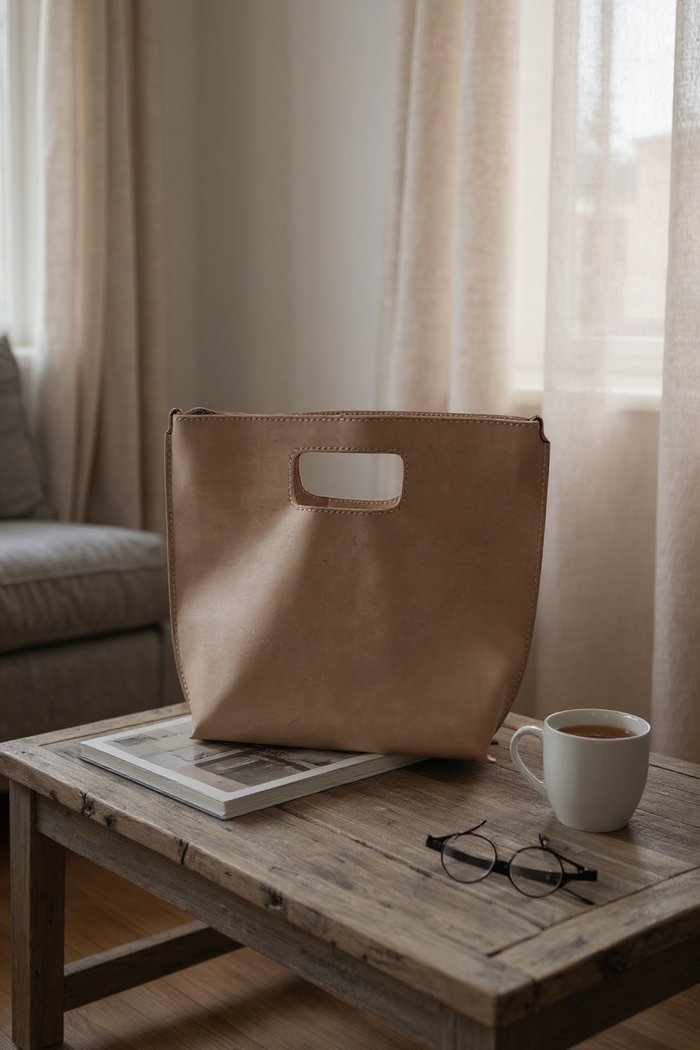 Genuine Leather Cut-Out Tote Bag Light Pink