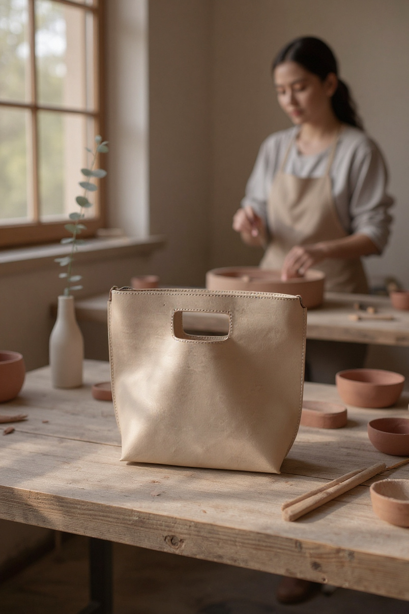 Genuine Leather Cut-Out Tote Bag Light Pink