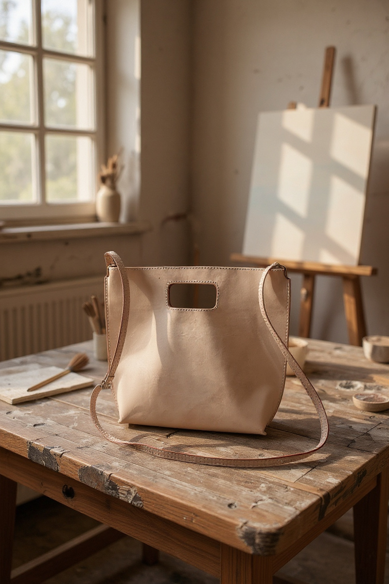 Genuine Leather Cut-Out Tote Bag Light Pink