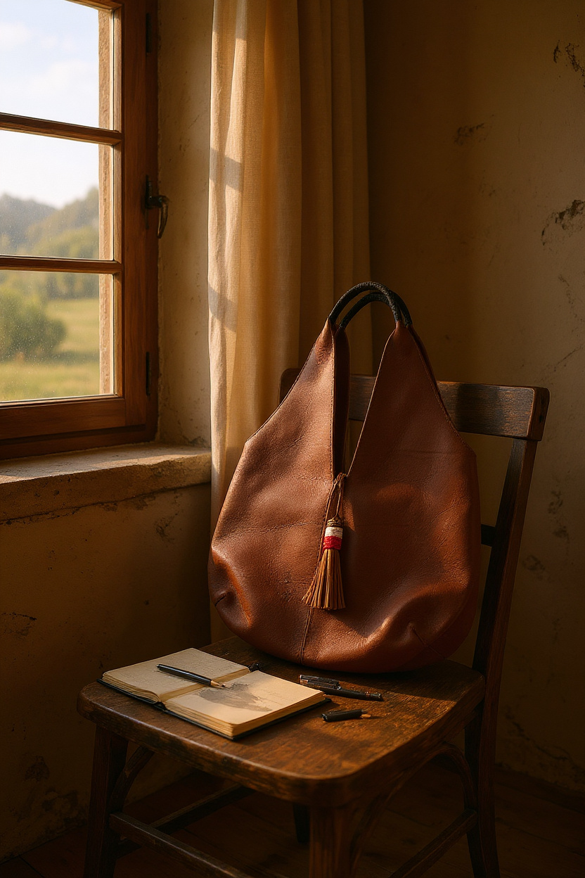 Real Leather Long Tote Shoulder Bag Brown
