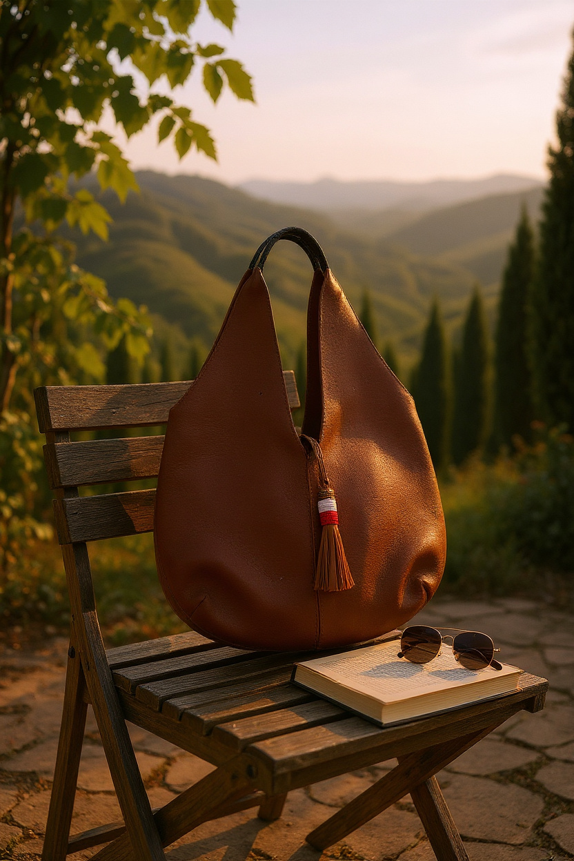 Real Leather Long Tote Shoulder Bag Brown