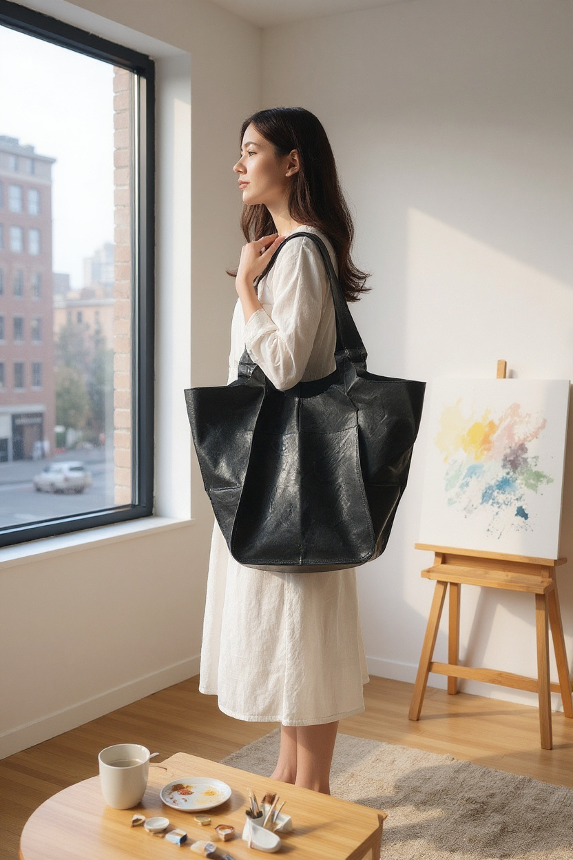 Large Shoulder Bag Soft Pu Leather Black