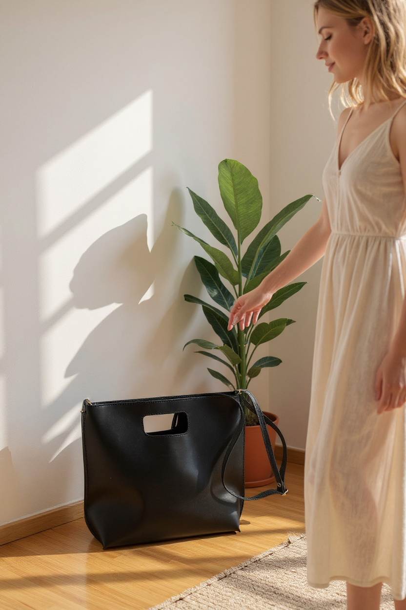 Genuine Leather Cut-Out Tote Black