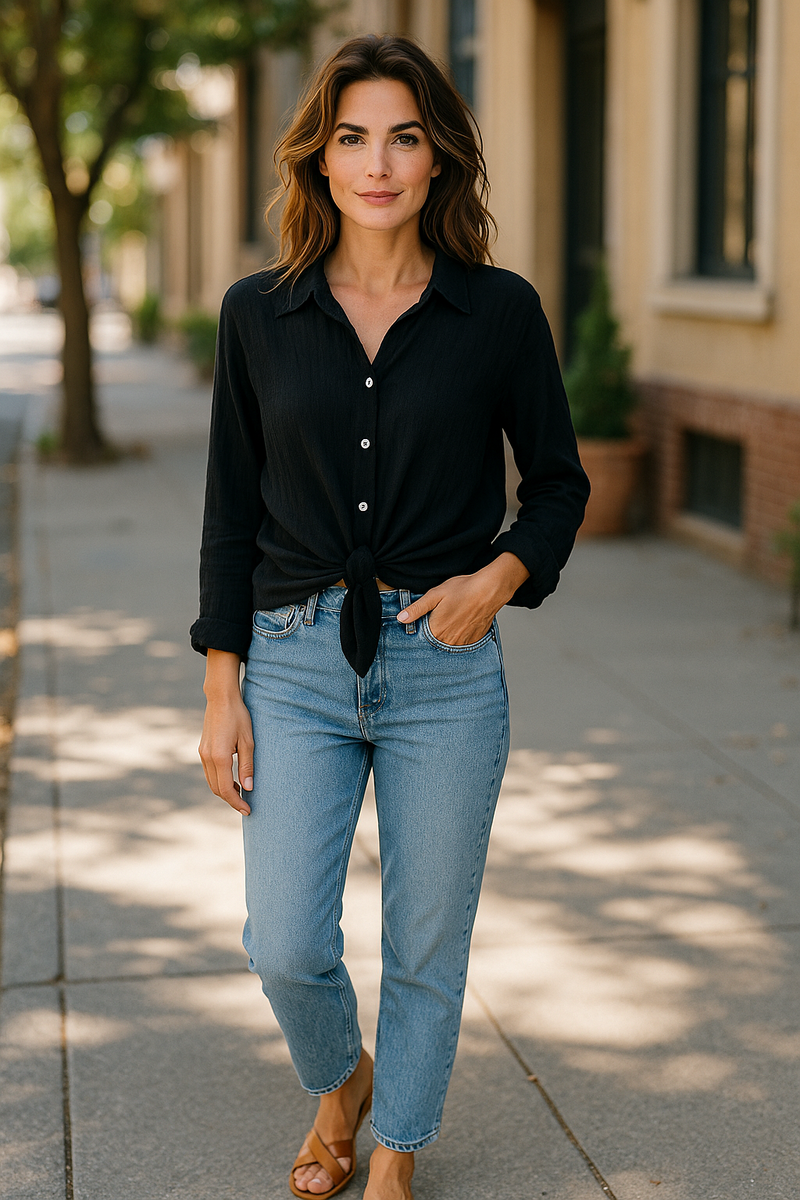 Cotton Button Down Shirt/Top Black