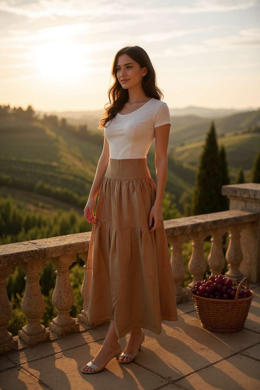 High Waist Pleated Loose Midi skirt Khaki