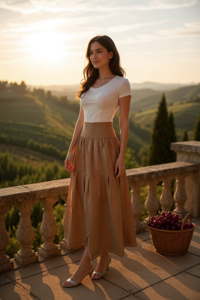 High Waist Pleated Loose Midi skirt Khaki