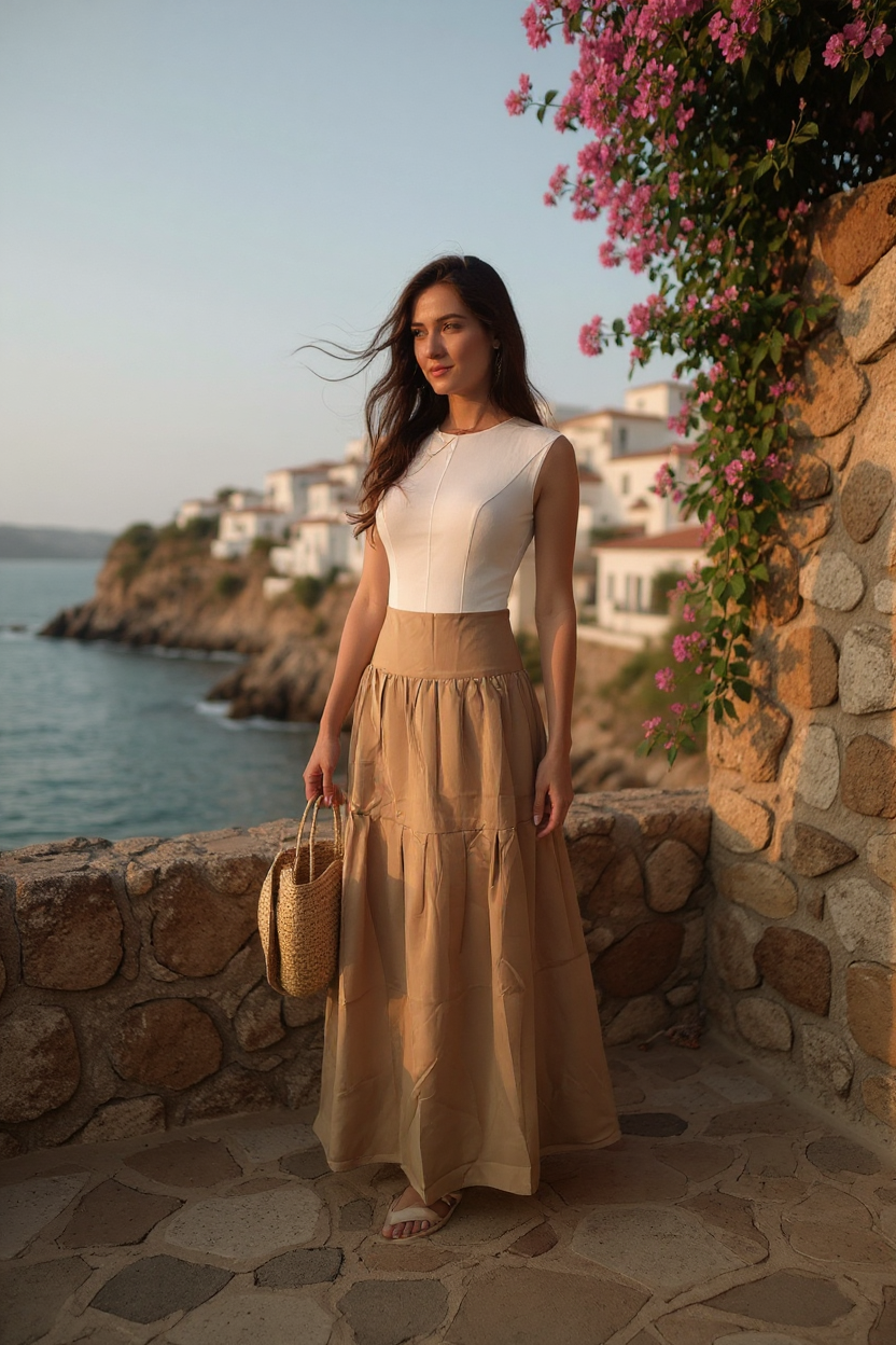 High Waist Pleated Loose Midi skirt Khaki